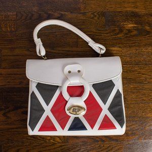 1970s Retro Red & Blue Argyle Diamond Pattern White Leather Structured Purse